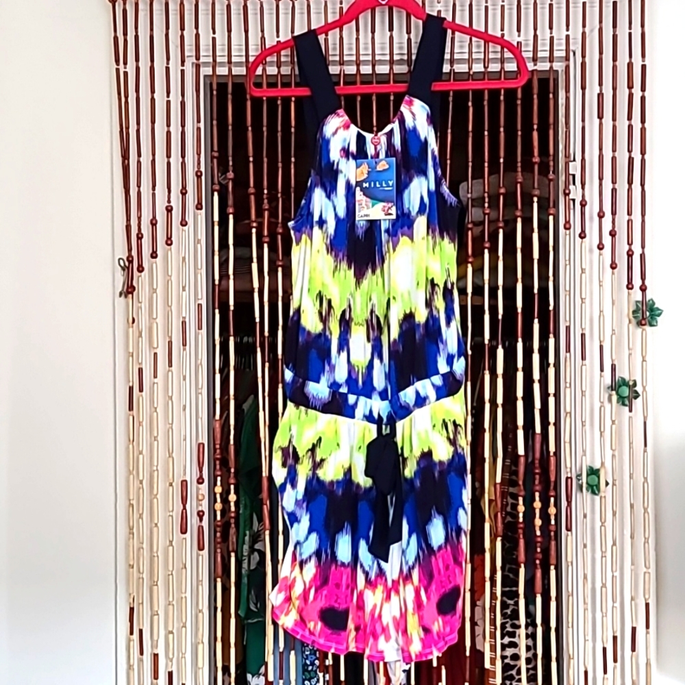 MILLY DesignNation Capri Italia Watercolor Ikat Tie-Dye Romper Blue/Green/Pink